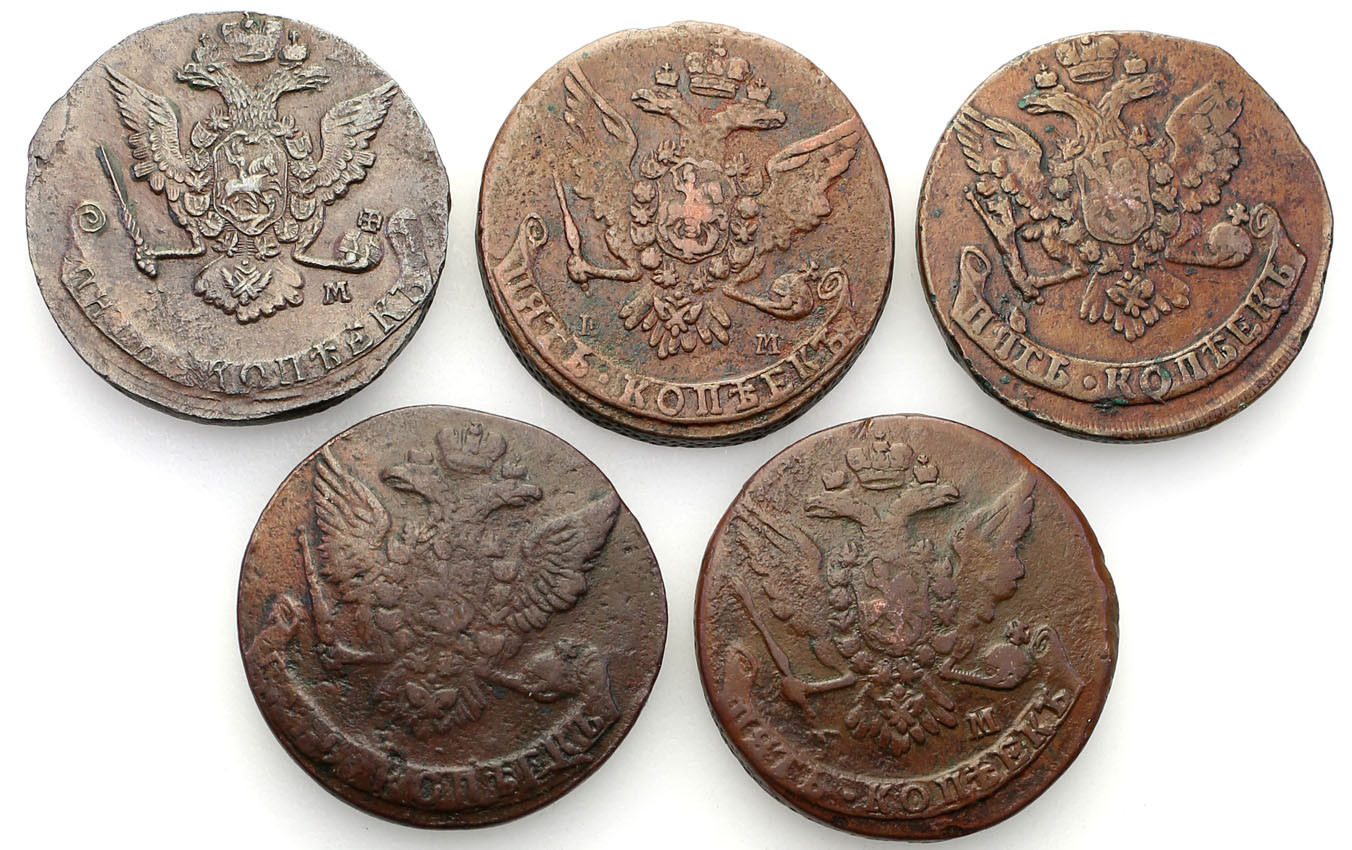 Rosja. Katarzyna II. 5 kopiejek 1760-1770 – zestaw 5 sztuk